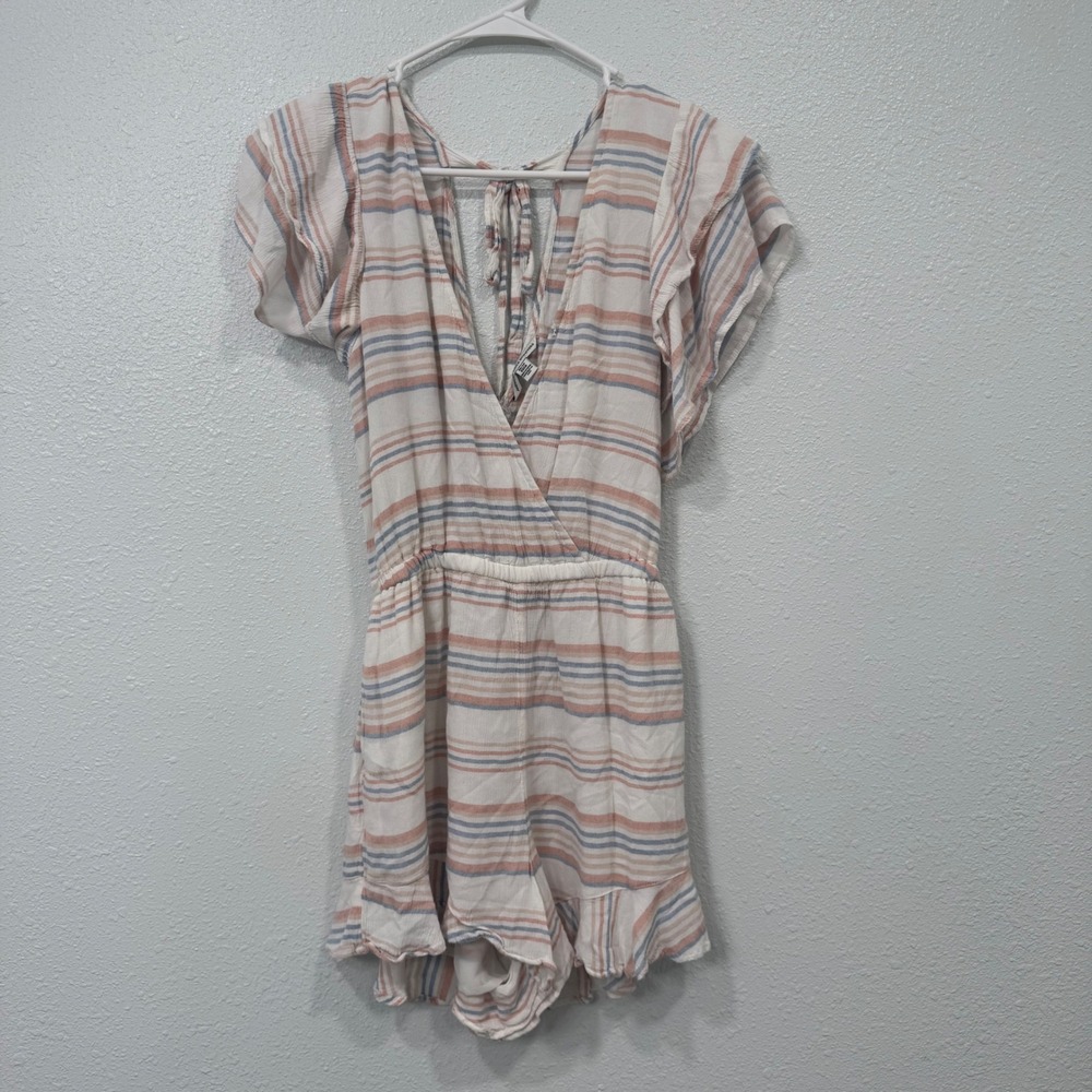 American Eagle Striped Romper XS Womens Coral Ruffle Surplice V-Neck Tie Back